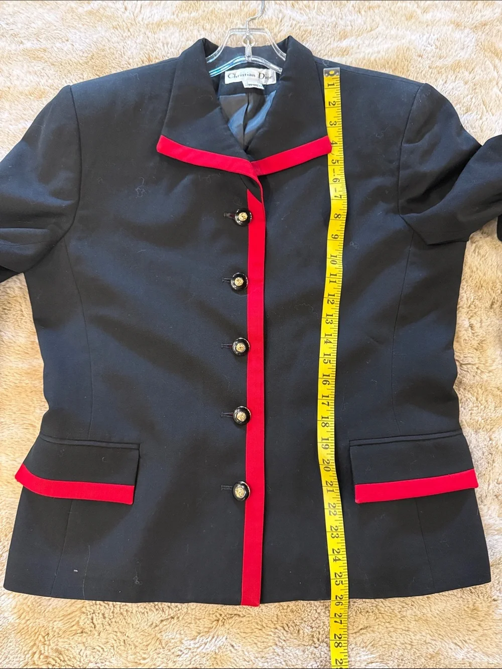 VINTAGE CHRISTIAN DIOR RED TRIM STATEMENT BUTTON BLAZER 14